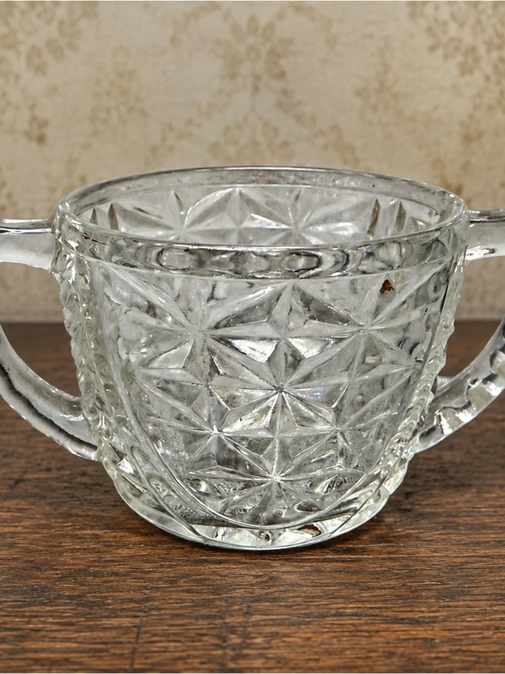 Vintage Pressed Glass Double Handled Open Sugar Bowl Daisy & Star Pattern EAPG